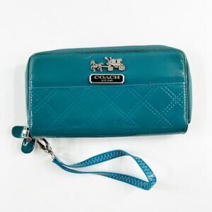Coach Leather Rectangle Zip Around Accordian Wallet Teal Turquoise Green